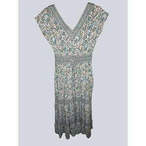 Rachel Zoe Linen Blend Floral Midi Dress V Neck Smocked Waist Tiered Boho Small